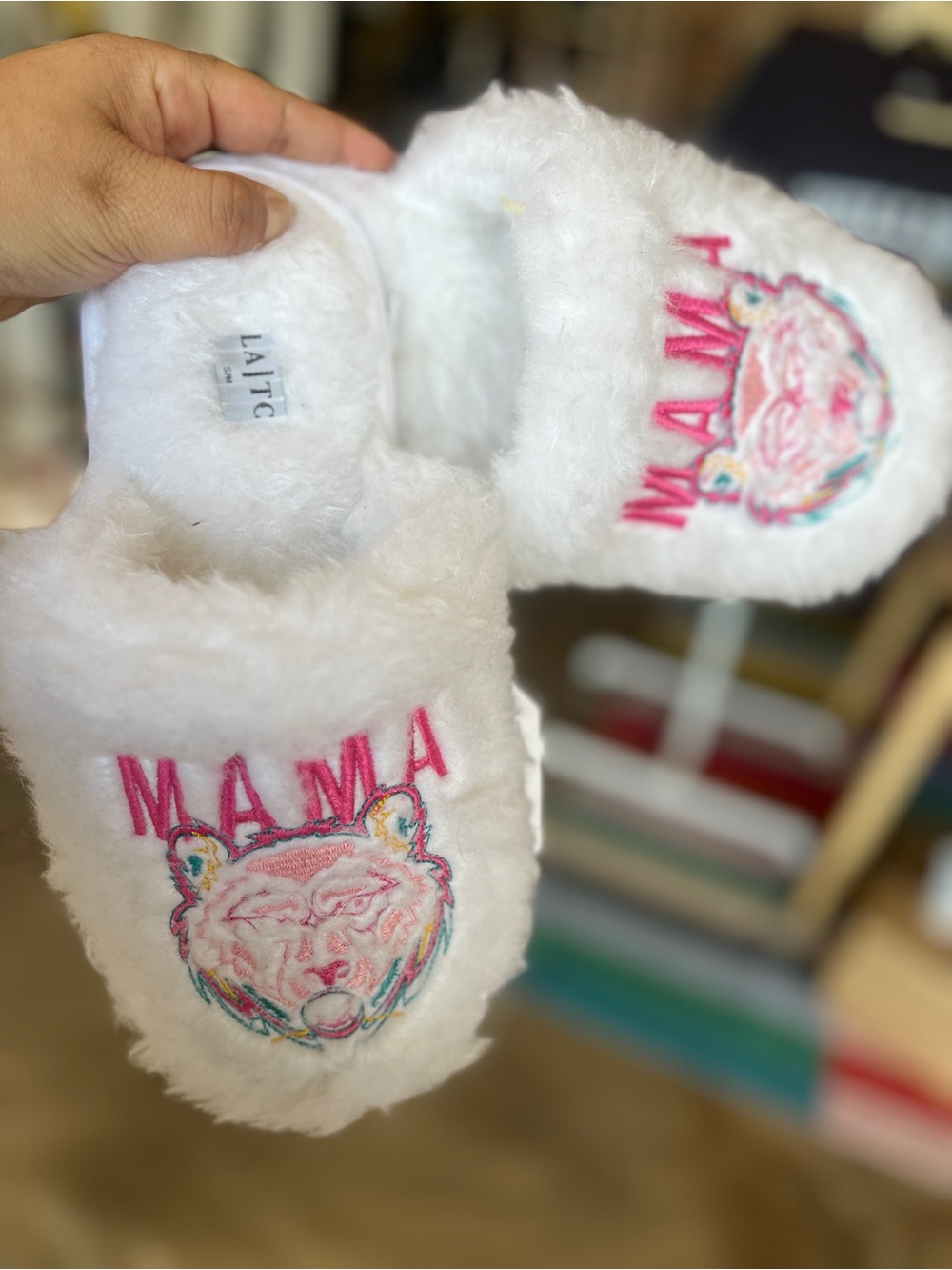 Faux-Fur White 'MAMA' Embroidered Slide Slippers